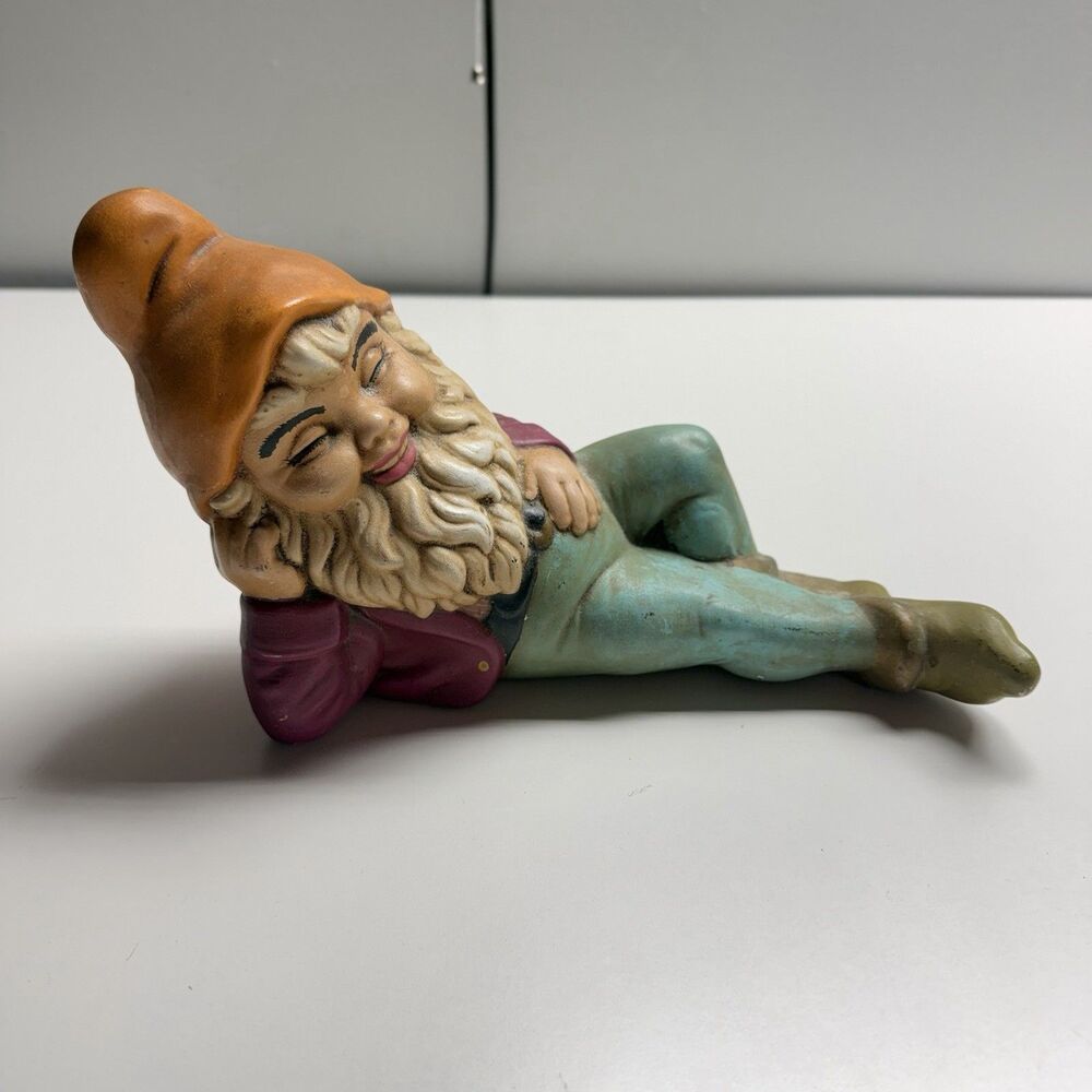 Vintage Ceramic Reclining Gnome 11” Hand Painted Garden Dwarf Figurine